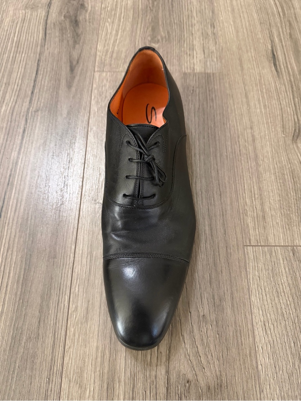 Santoni Black Leather Cap-Toe Derby with Orange Liner ( Left Leg )